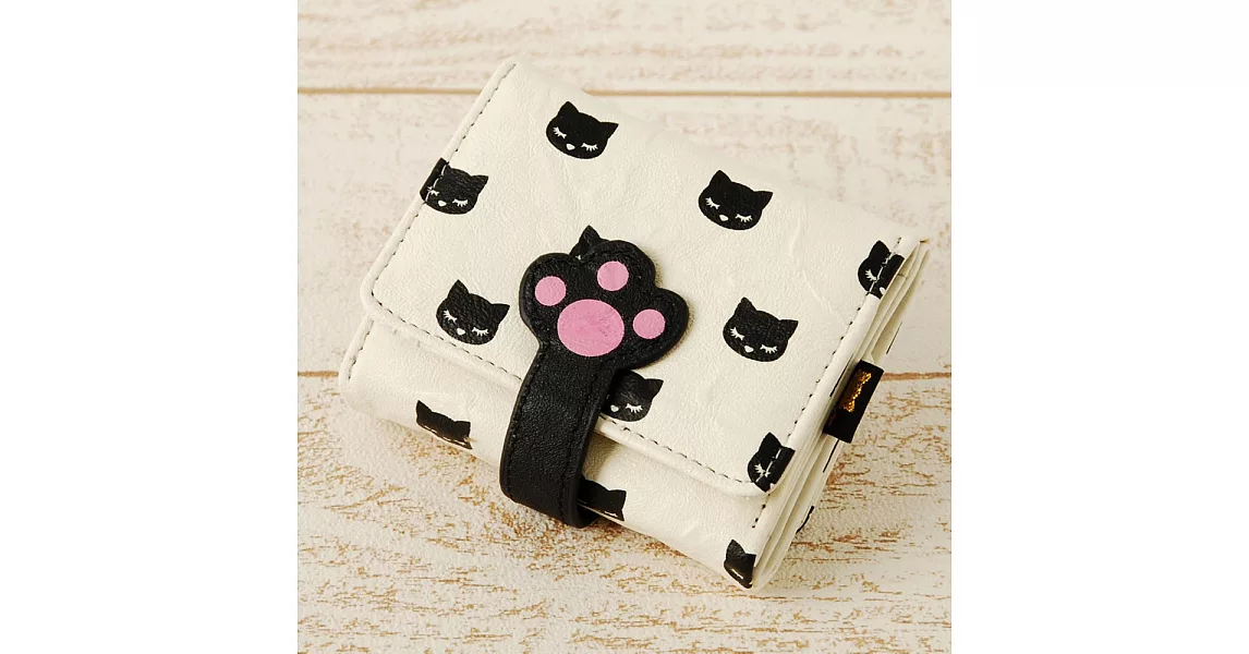 【Pooh Chan-噗將閉眼貓】三用可愛貓掌鈕扣短夾-【買就送純銀項鍊市價850】BLACK黑色