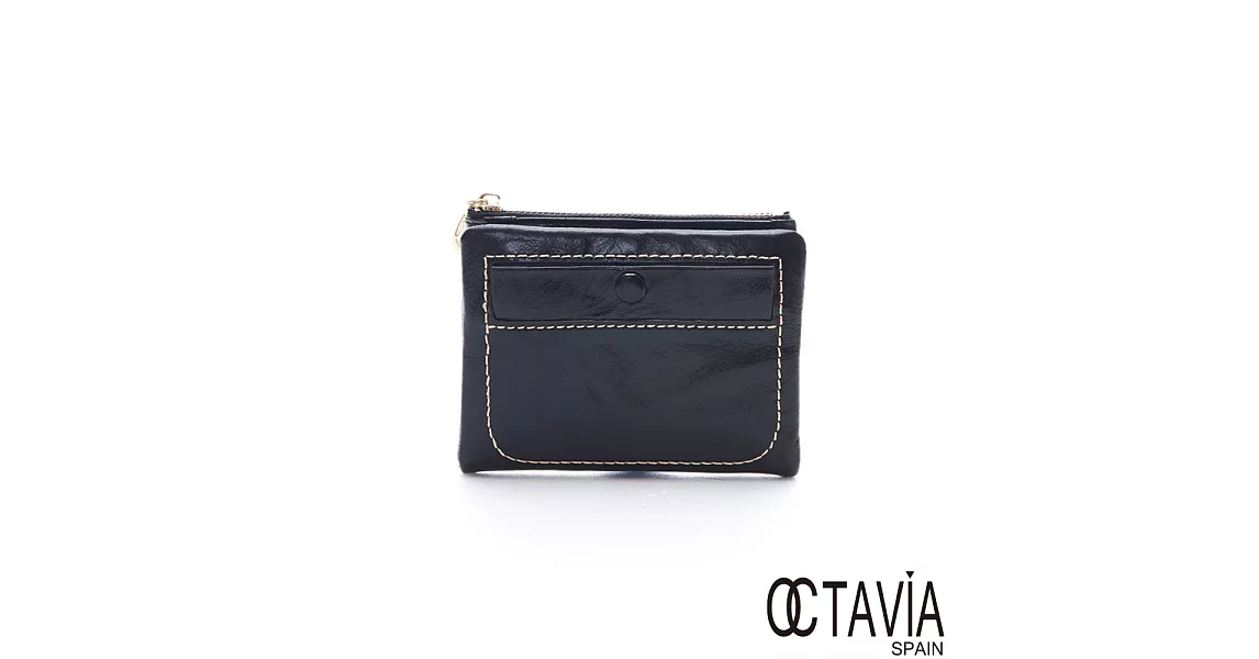 OCTAVIA 8 真皮 - 小口袋 油蠟牛皮二折短夾 - 剛好黑黑色