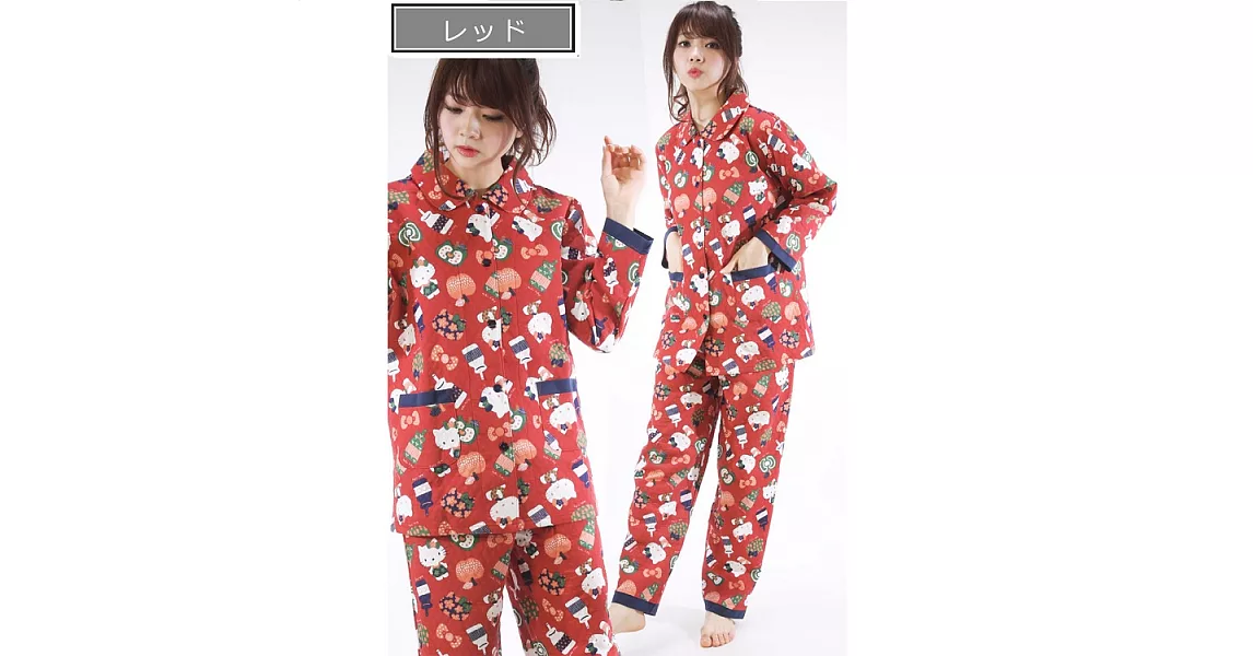 【U】titty&Co - 日本和風Hello Kitty刷毛睡衣二件式套組(二色可選)L - 紅色