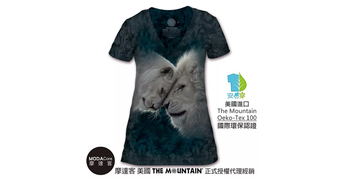 【摩達客】美國The Mountain都會系列 白獅之愛 V領藝術修身女版短袖T恤 個性時尚 輕透柔軟舒適高級混紡-預購成人S號