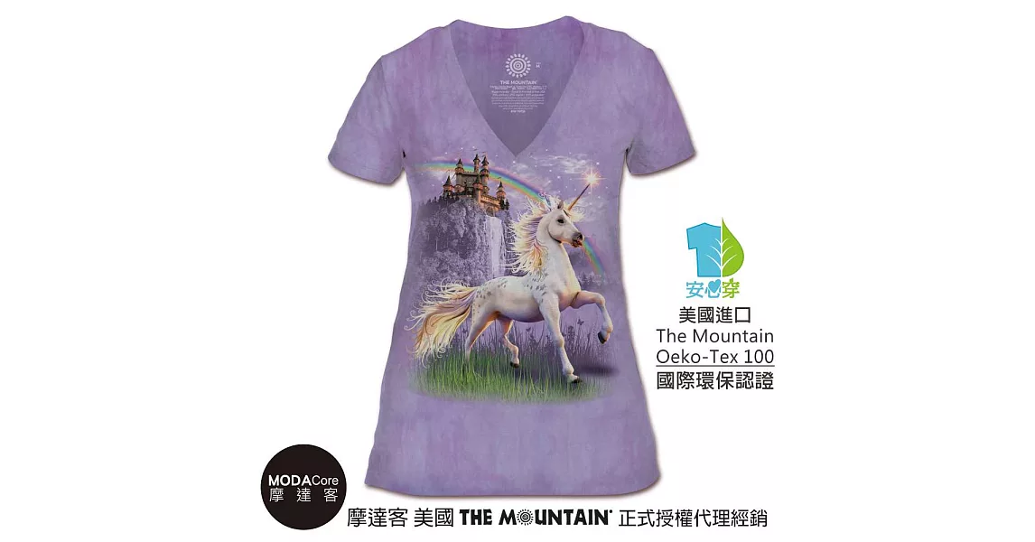 【摩達客】美國The Mountain都會系列 獨角獸城堡 V領藝術修身女版短袖T恤 個性時尚 輕透柔軟舒適高級混紡-預購成人S號