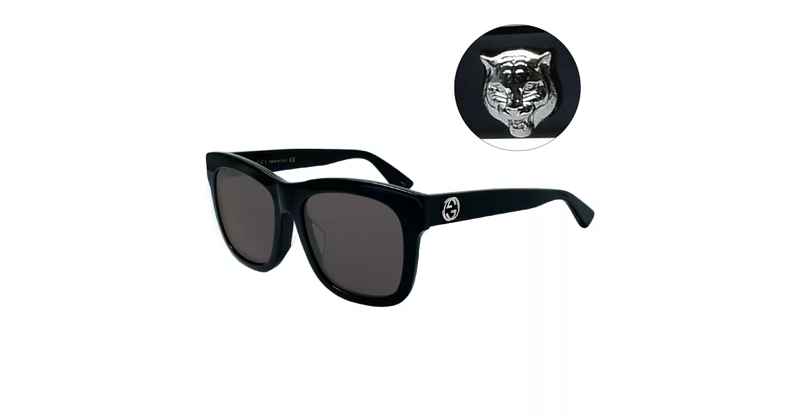 【GUCCI 古馳】虎頭標誌款太陽眼鏡-黑框灰鏡面(GG0032SA-001)GG0032SA