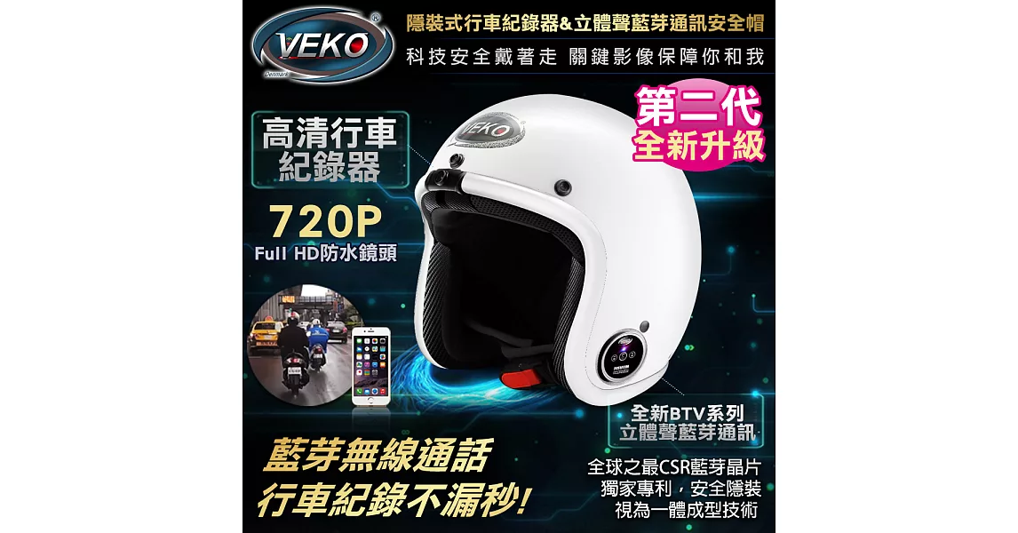 VEKO第二代隱裝式720P行車紀錄器+內建雙聲道藍芽通訊安全帽(DVS-EX+BTV-EX2珠光白)珠光白