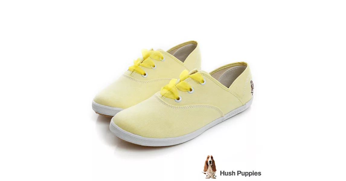 Hush Puppies 緞帶蝴蝶結咖啡紗帆布鞋US5淺黃色
