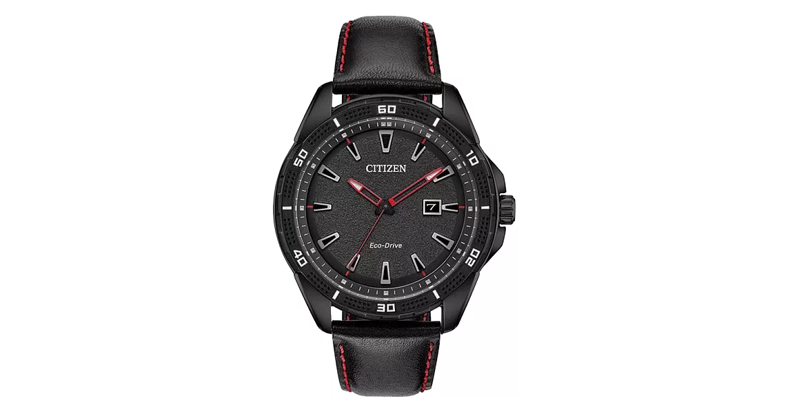 CITIZEN 光動能車縫線運動時尚皮革腕錶-黑-AW1585-04E