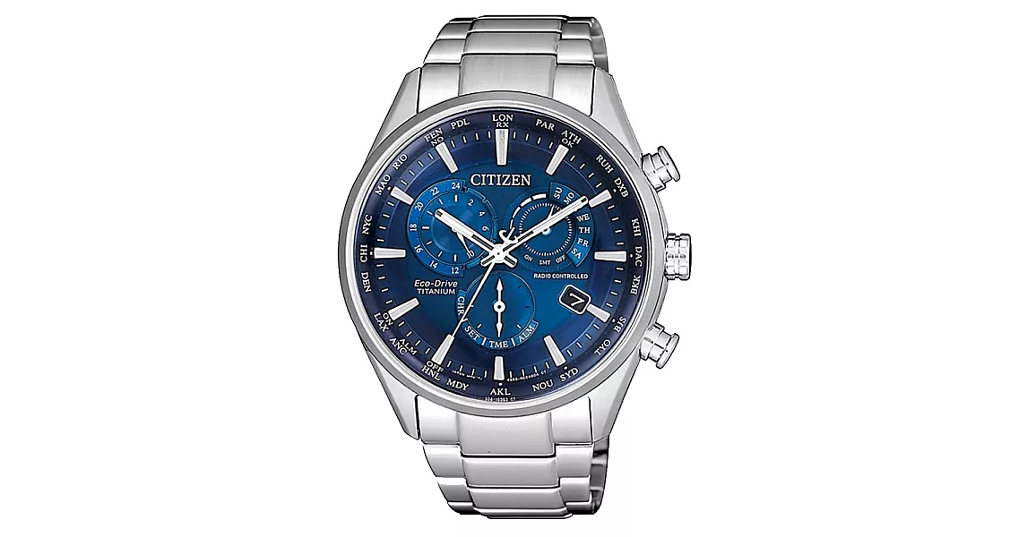 CITIZEN 光動能時尚鈦金屬三眼腕錶-銀X藍-CB5020-87L