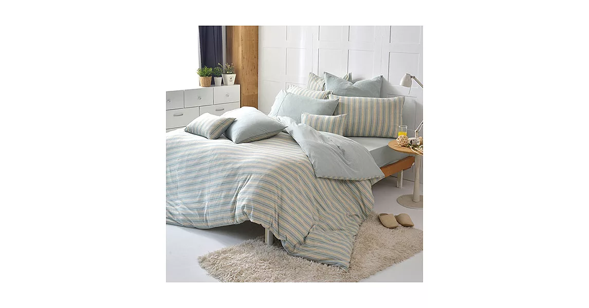 義大利La Belle《斯卡線曲》特大四件式色坊針織被套床包組-亞麻綠