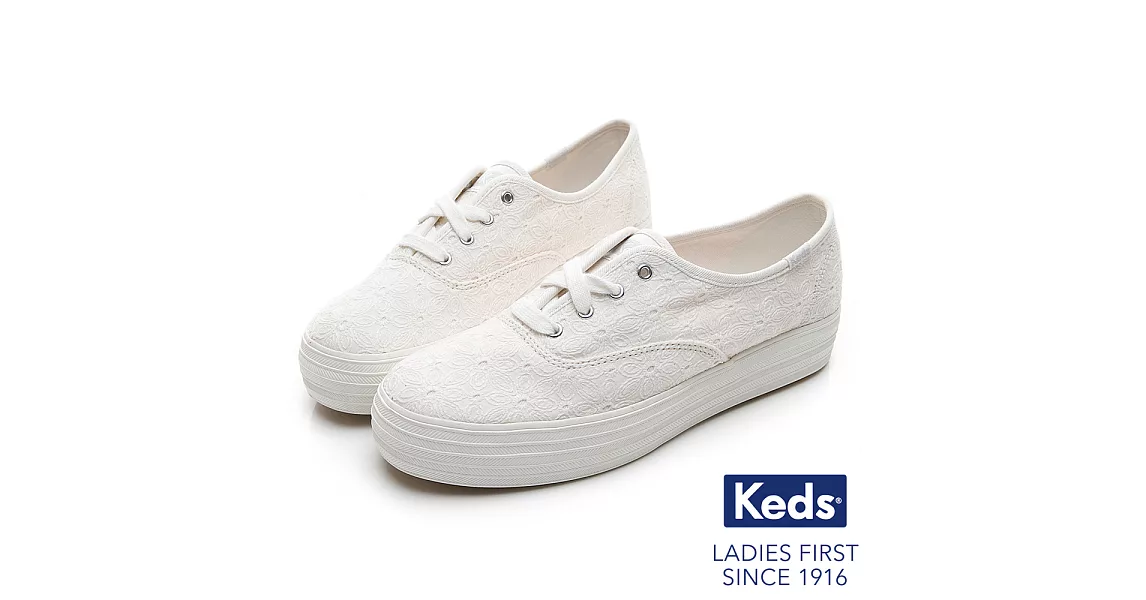 【Keds】TRIPLE 緹花厚底綁帶帆布鞋US7白