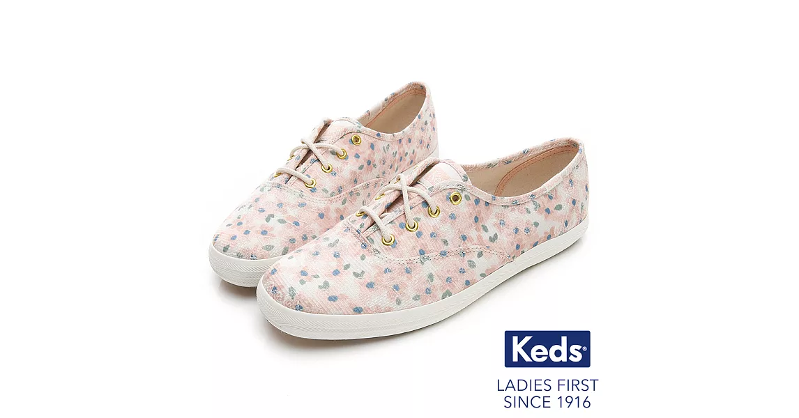 【Keds】CHAMPION 復古花卉綁帶休閒鞋US5.5粉紅