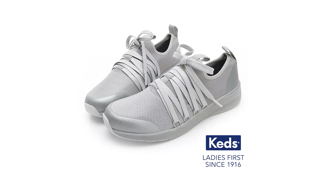 【Keds】STUDIO FLASH 完美包覆綁帶輕量休閒鞋US6.5銀色