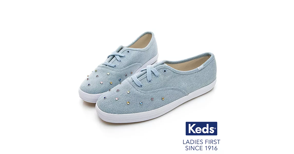 【Keds】CHAMPION 彩色水鑽丹寧綁帶休閒鞋US7淺藍