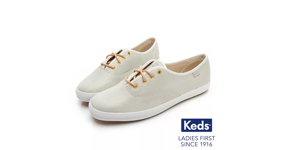 【Keds】CHAMPION 珠光皮革綁帶休閒鞋US6.5米白