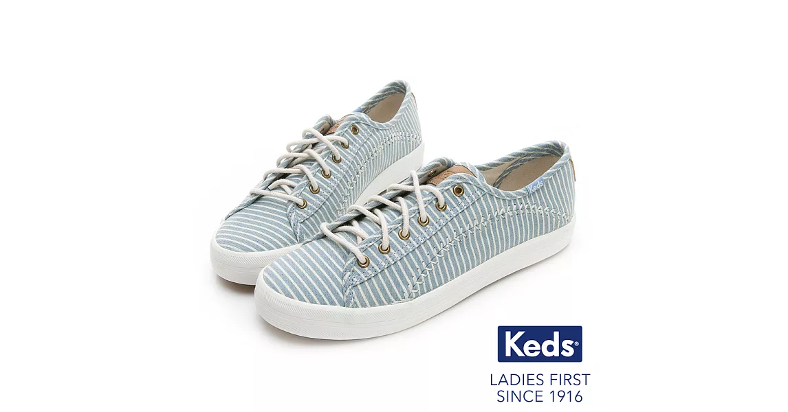 【Keds】KICKSTART 海洋風條紋綁帶帆布鞋US6.5藍條紋
