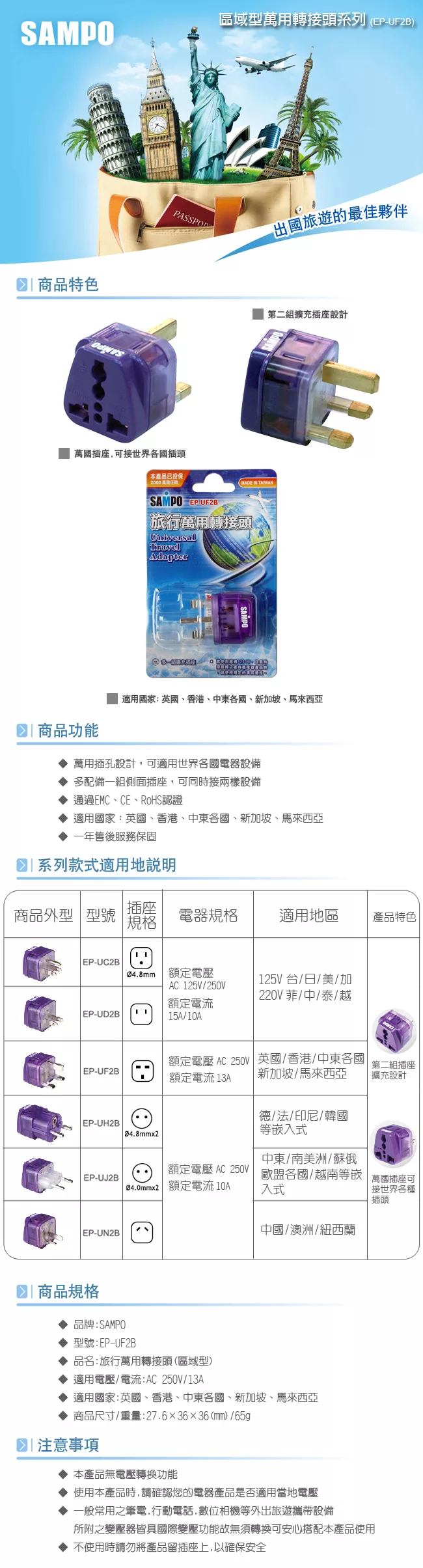博客來 sampo 旅行萬用轉接頭 區域型 超值2入裝ep uf2b