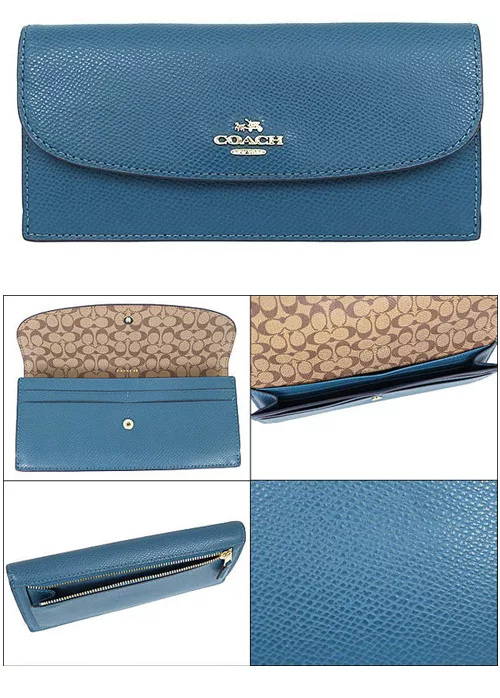 博客來 Coach 防刮皮革信封翻蓋長夾 現貨 預購 藍綠