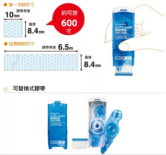 按一的尺寸膠帶長度10mm約可按600寬度8.4mm次拉長時的尺寸膠帶長度 6.5mm寬度可替換式膠帶ISTAMPスタンプのり8.4mmDOTLINERISTAMPスタンプのり