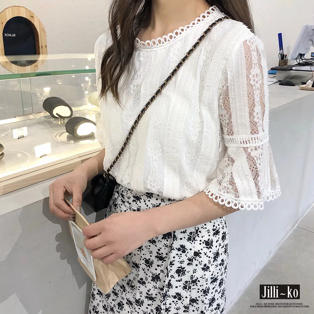【Jilli~ko】韓版喇叭袖花邊蕾絲衫 M/L 6700　L白色