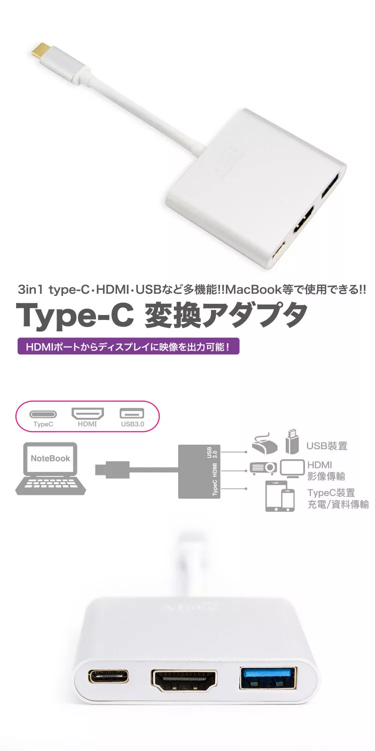 博客來 Atake Type C轉hdmi Usb C Usb3 0 三合一螢幕轉接器atc 3in1h