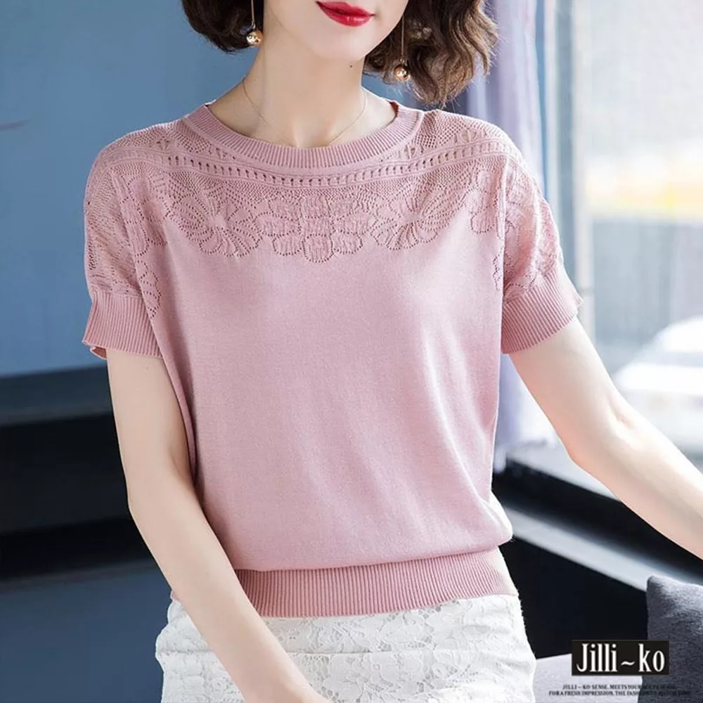 【Jilli~ko】韓版花朵鏤空冰絲針織衫 J7664　FREE粉紅色