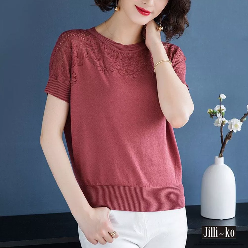 【Jilli~ko】韓版花朵鏤空冰絲針織衫 J7664　FREE紅色