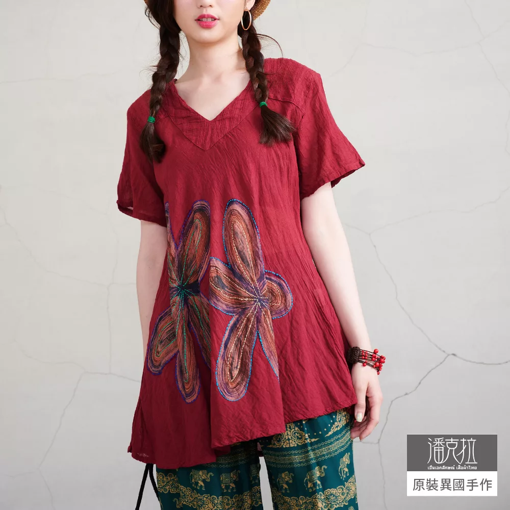 【潘克拉】拔染工藝中長裙擺捲皺純棉小衫 TM584　FREE紅色