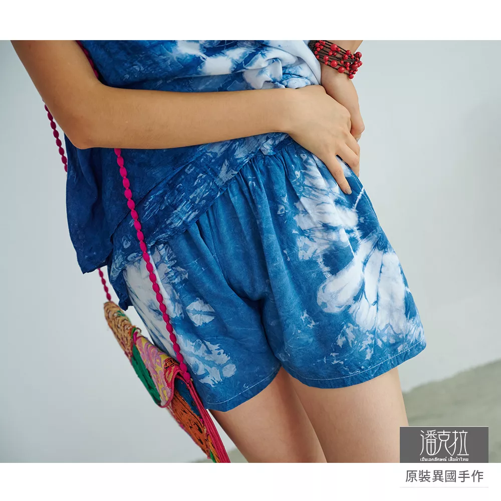 【潘克拉】藍染鬆緊腰縲縈熱短褲 TM1313　FREE藍色