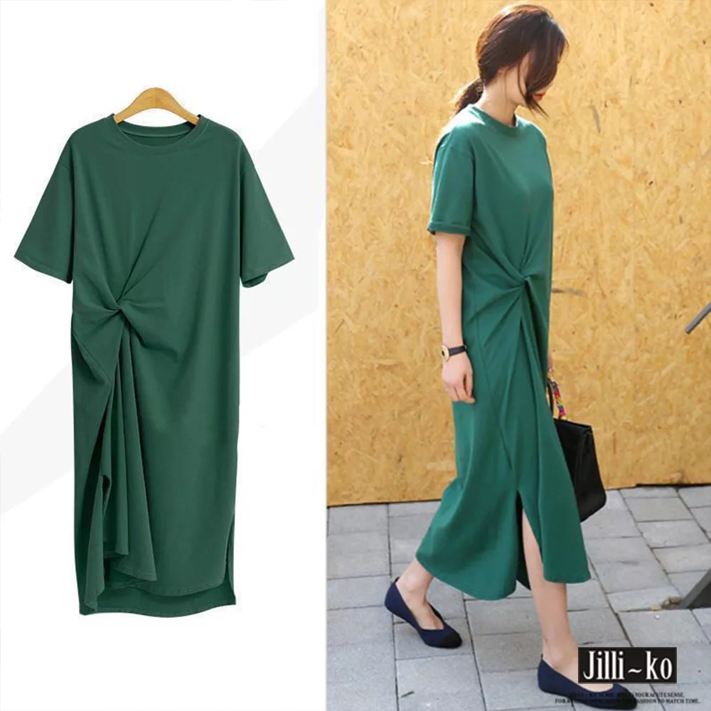【Jilli~ko】純色抓皺造型連衣裙 L/XL J7790　XL綠色