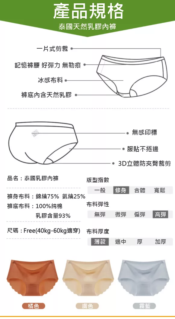 博客來 冰絲無痕內褲天然乳膠女用中腰內褲超值3入組size Free橘 膚 霧藍