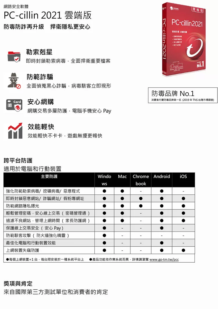 博客來 Pc Cillin 21雲端版一年一台標準盒裝