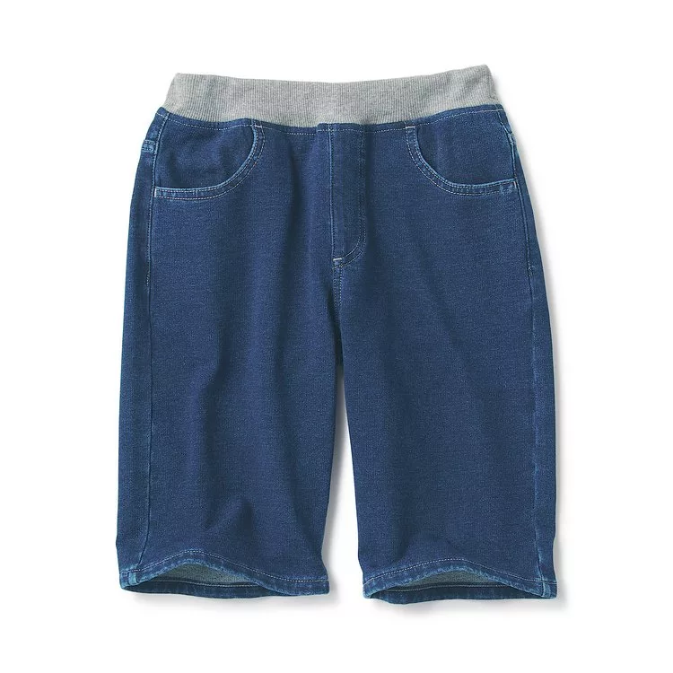 博客來 Muji無印良品 兒童棉混輕鬆活動舒適拼接丹寧五分褲1 深藍