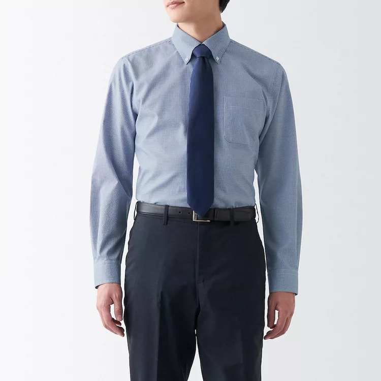 【MUJI 無印良品】男有機棉免熨燙扣領長袖襯衫 XS 深藍格紋