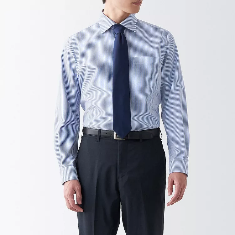 【MUJI 無印良品】男有機棉免熨燙半寬領襯衫 XS 深藍直紋