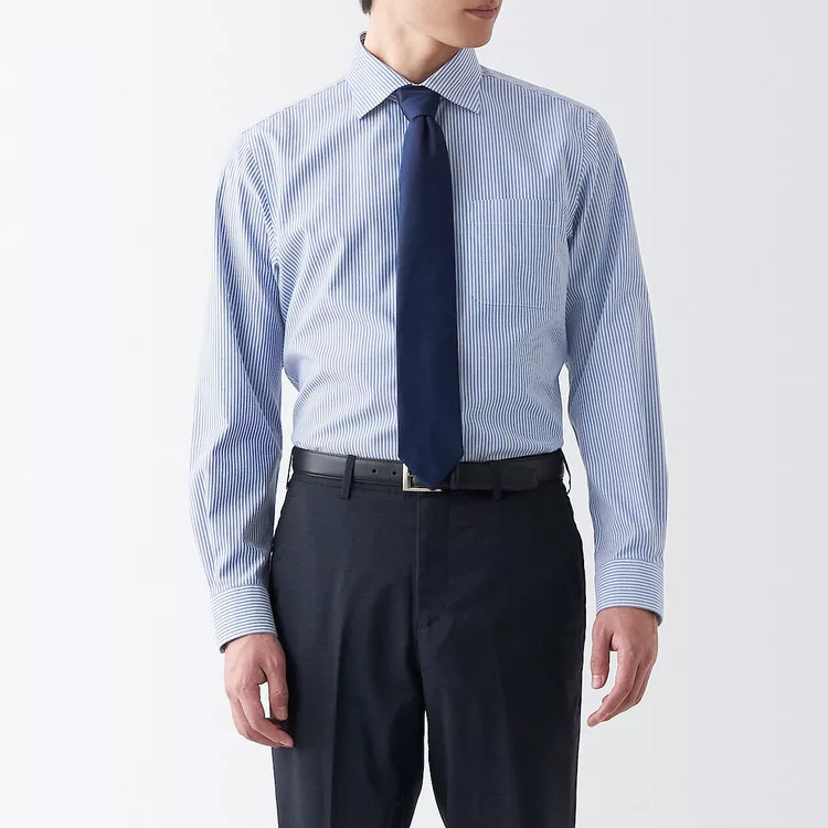 【MUJI 無印良品】男有機棉免熨燙半寬領襯衫 XXL 深藍直紋