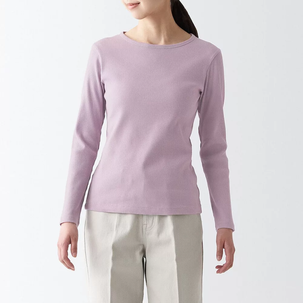 【MUJI 無印良品】女有機棉混彈性螺紋圓領長袖T恤 S 粉紫