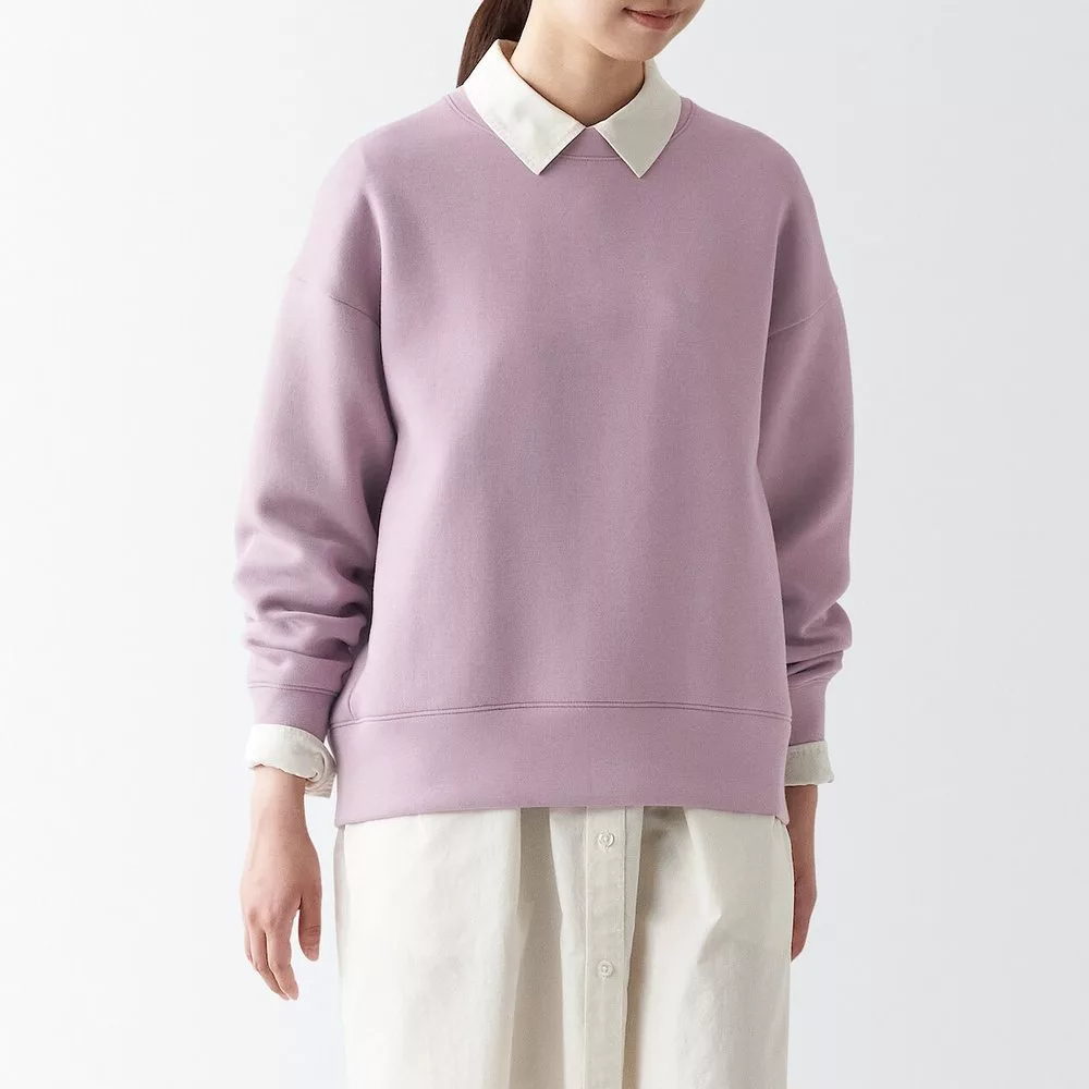 【MUJI 無印良品】女棉混二重織圓領衫 L 粉紫
