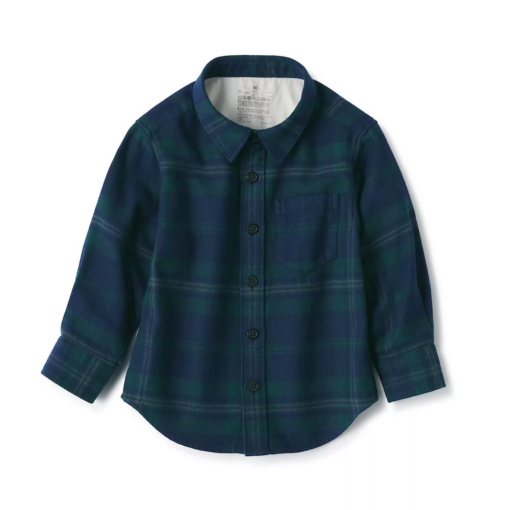 【MUJI 無印良品】幼兒雙面起毛法蘭絨長袖襯衫 80 深綠格紋