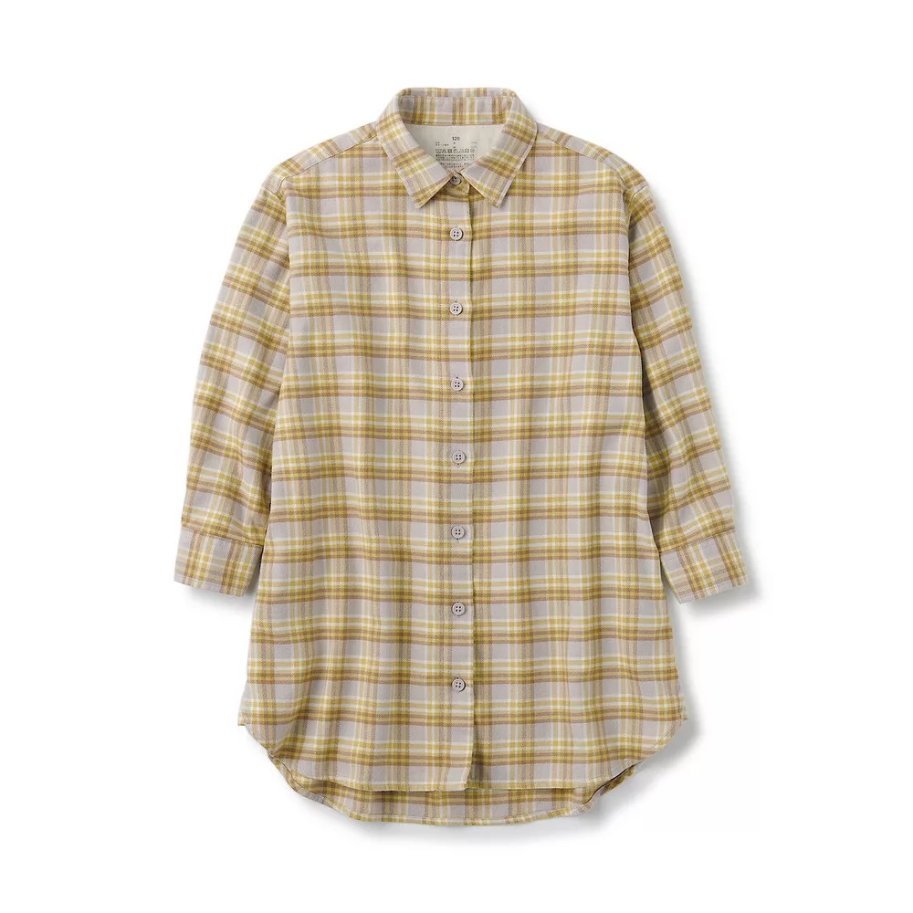 【MUJI 無印良品】兒童雙面起毛法蘭絨襯衫洋裝 110 淺黃格紋