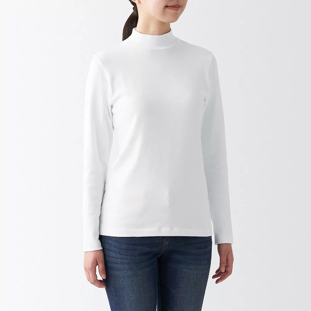 【MUJI 無印良品】女有機棉混彈性針織半高領長袖T恤 S 白色