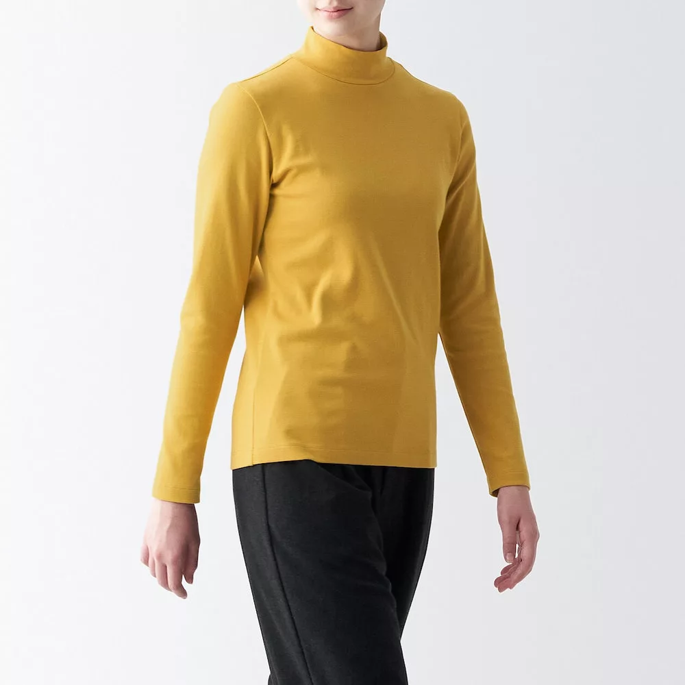 【MUJI 無印良品】女有機棉混彈性針織半高領長袖T恤 S 黃色