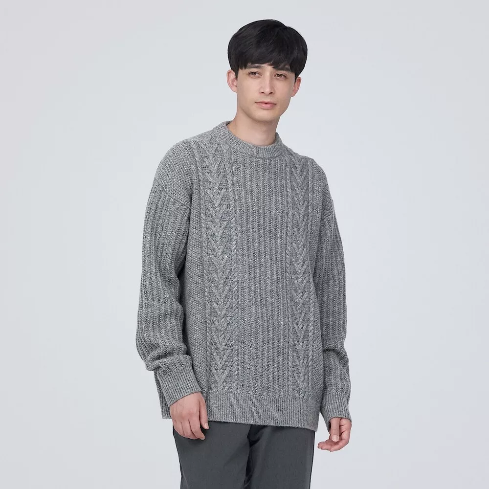 【MUJI 無印良品】男美麗諾羊毛麻花織紋圓領針織衫 XL 灰色