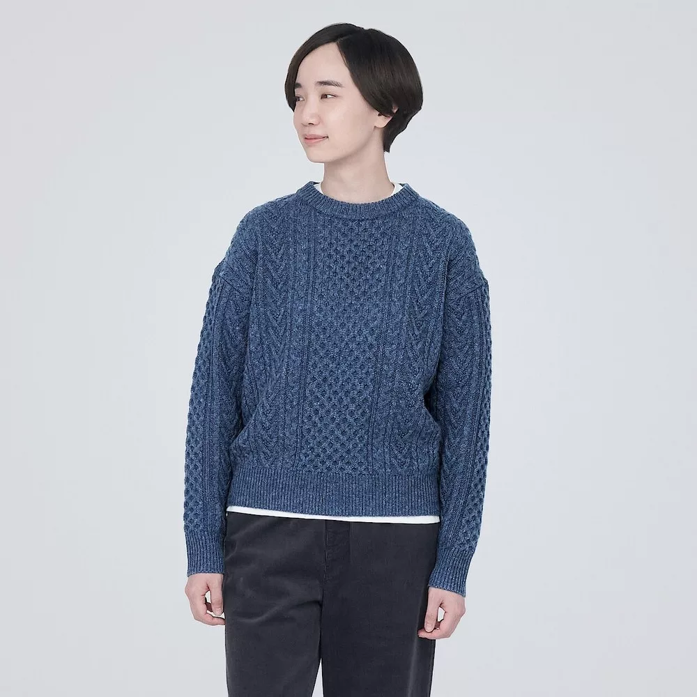 【MUJI 無印良品】女美麗諾羊毛麻花織紋圓領針織衫 XL 藍色