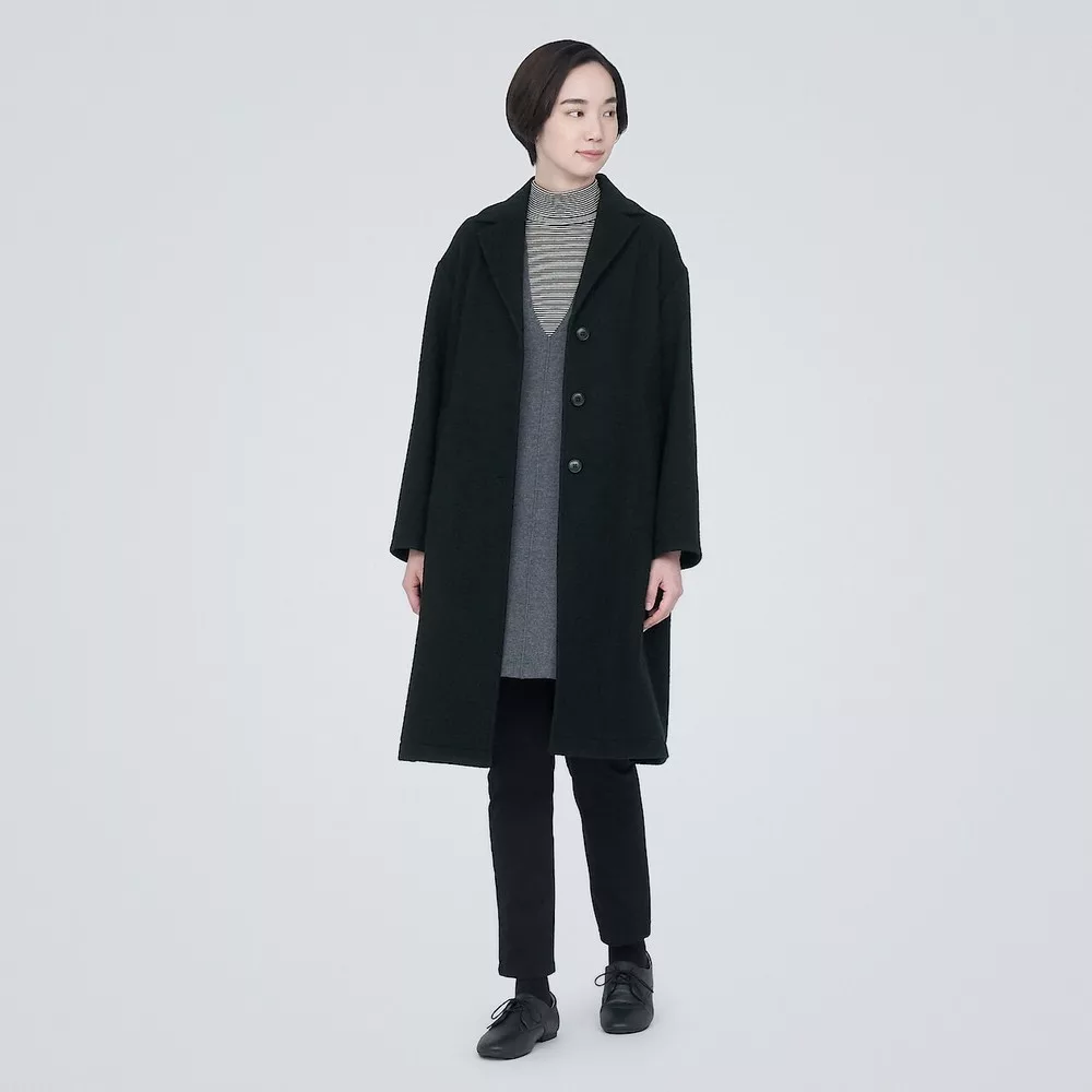 【MUJI 無印良品】女再生羊毛混西裝式大衣 S 黑色