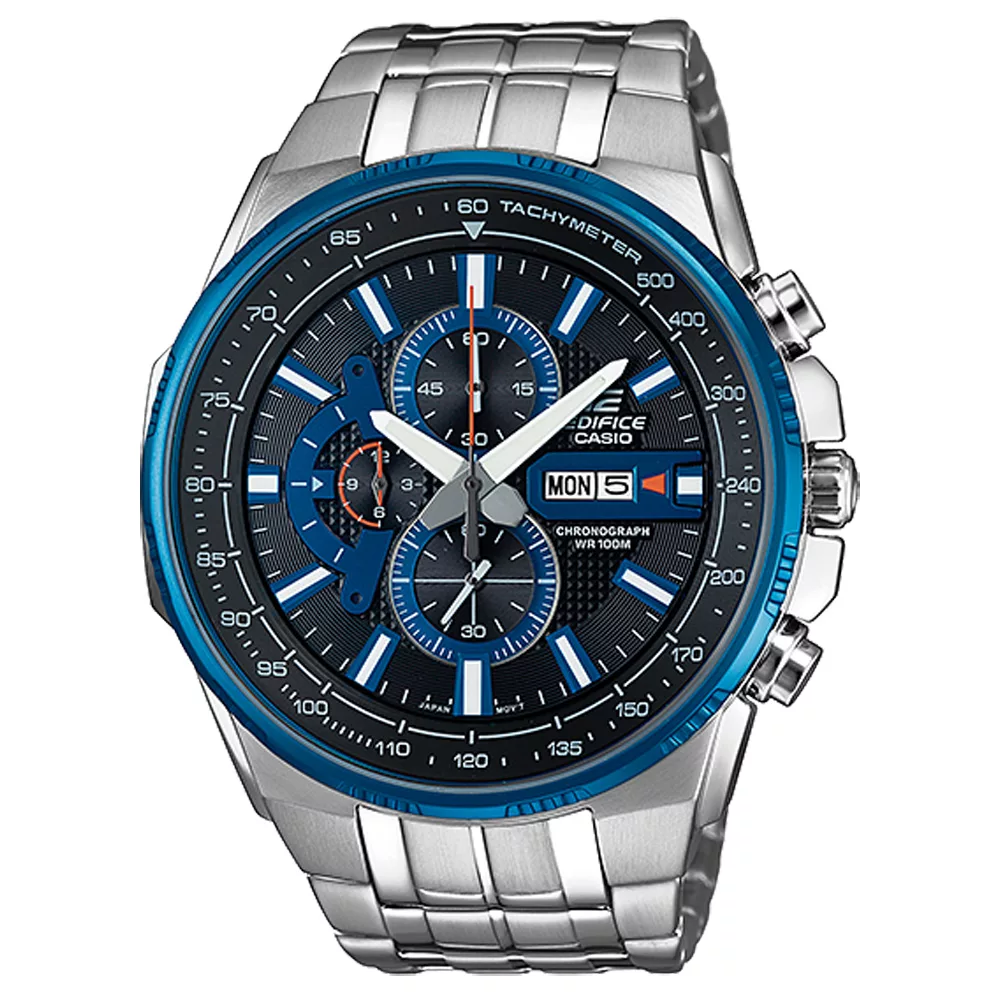 CASIO EDIFICE系列 高速轉移三眼賽車腕錶-藍框黑x銀