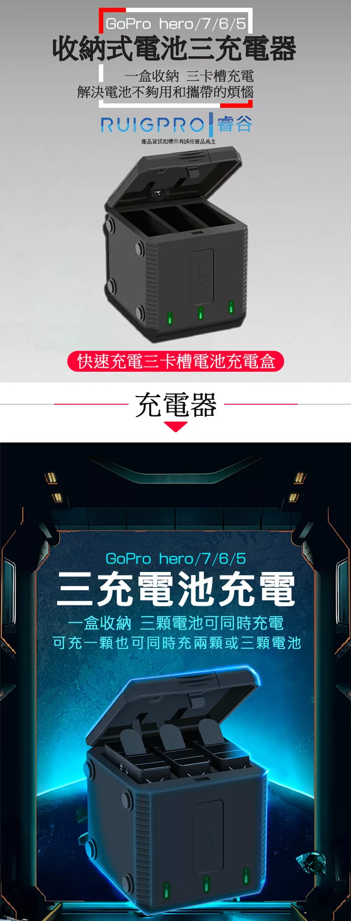 博客來 Ruigpro 睿谷gopro Hero 7 6 5 運動相機收納式三充電池充電器 含充電線 黑色
