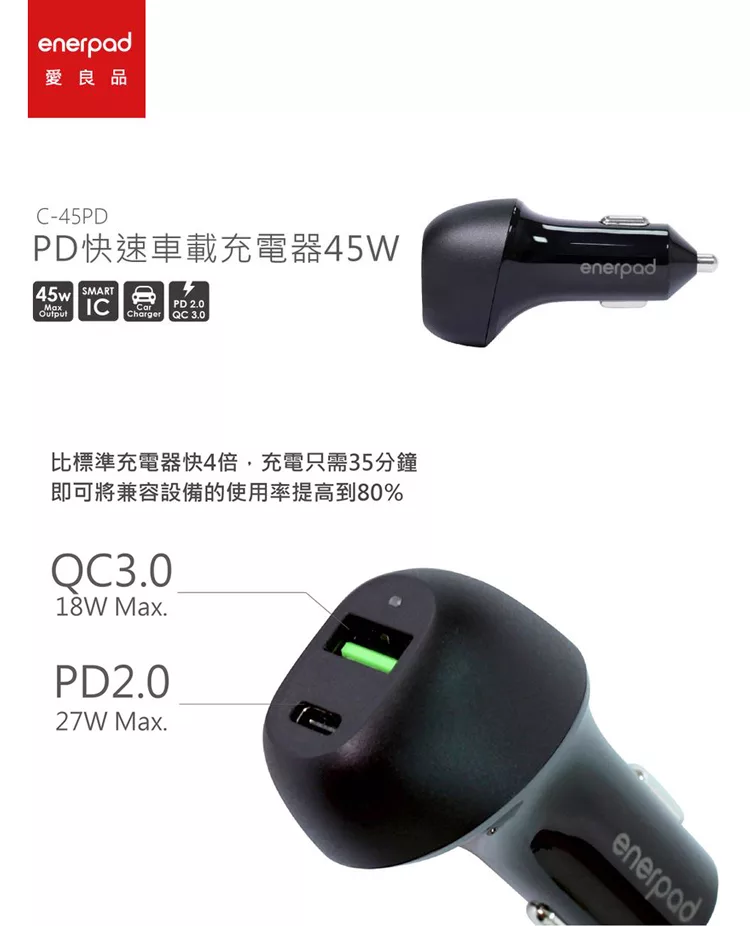 博客來 Enerpad 汽車車充神法寶二件組 Pd快速車載充電器45w C 45pd Sal車用無線充電架cx 10