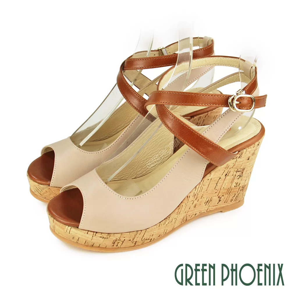 【GREEN PHOENIX】女 涼鞋 魚口 交叉 繞踝 側扣 楔型 台灣製 US7.5 粉紅色