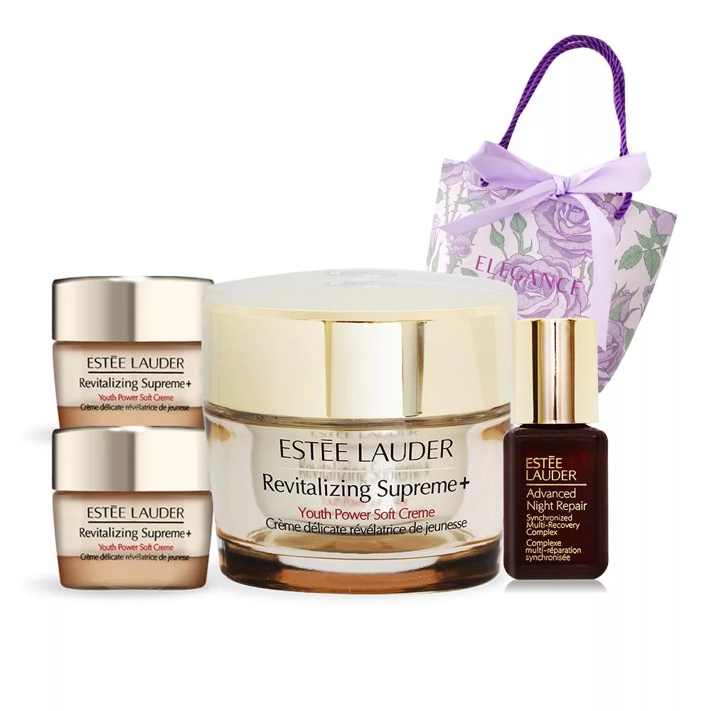 雅詩蘭黛膠原霜女王加冕組，結合Revitalizing Supreme與Youth Power兩款明星產品，提供緊緻肌膚與抗老修護功效。禮品袋款式隨機出貨，適合送禮或自用，展現奢華護膚體驗。
