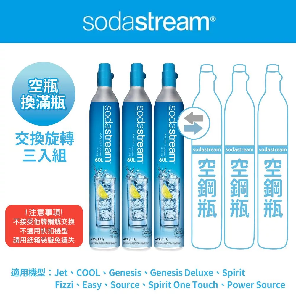 【Sodastream-交換鋼瓶】CO2交換旋轉鋼瓶425g-3入組(您須有3支空鋼瓶 僅適用旋轉機種)