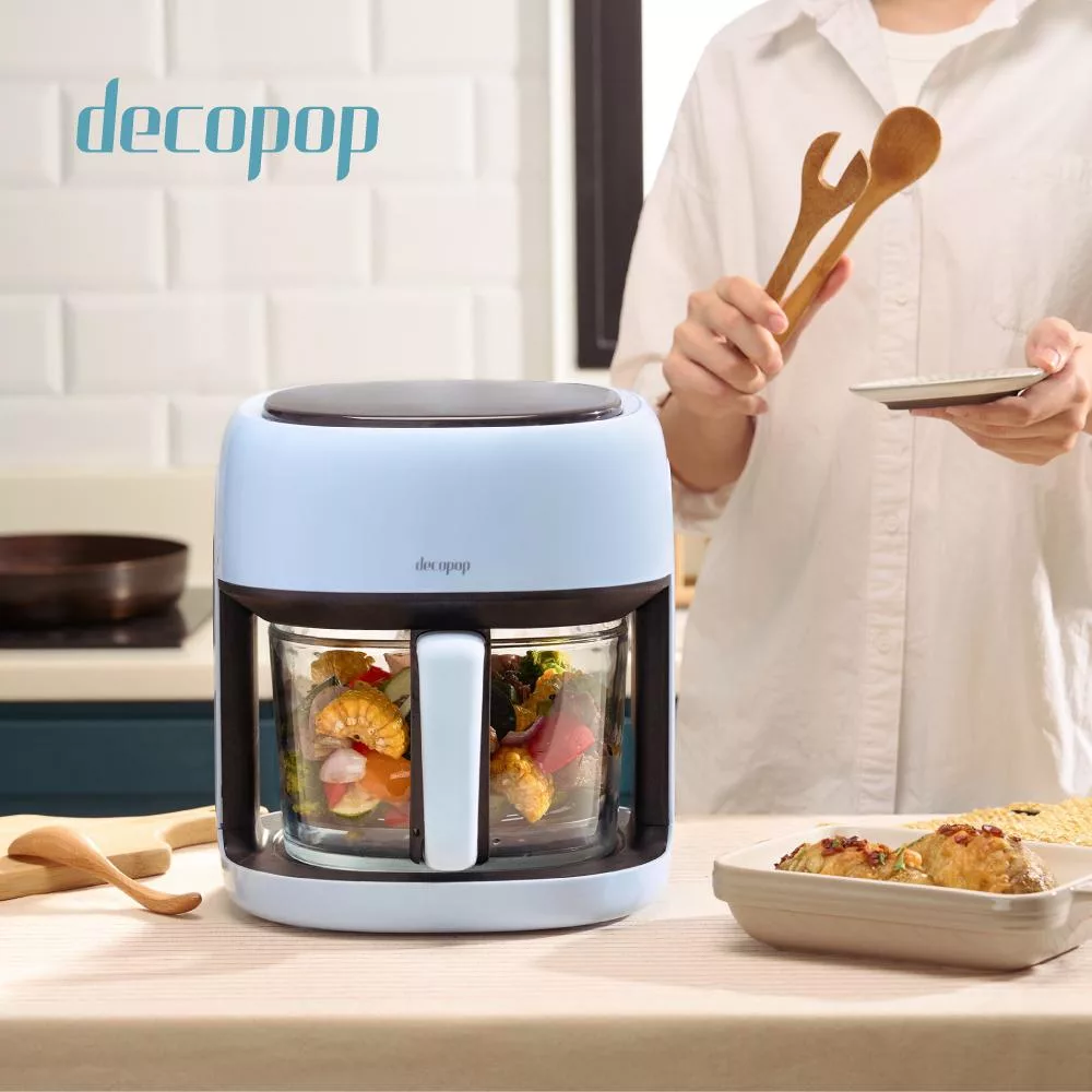 decopop 智能觸控美型玻璃氣炸鍋 4.5L大容量 DP-107(智能控溫/不沾油好清洗/360度均勻加熱) 藍色