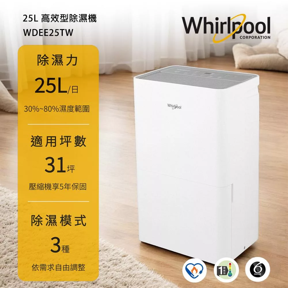 【Whirlpool惠而浦】高效節能除濕型25公升第六感智能除濕機 WDEE25TW (一級能效)
